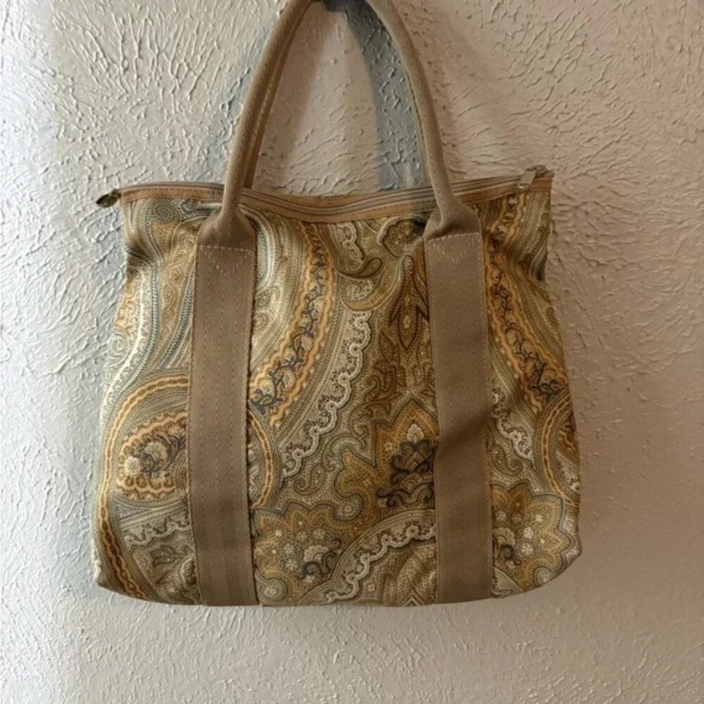 Vintage ETRO Profumi Double Handle Tote Bag in Paisley Beige Gold Nylon EUC